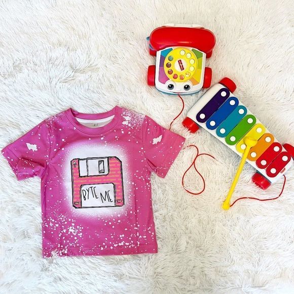 Byte me Sketchy Pink Hand crafted Kids Graphic Tee - Picture 1 of 4